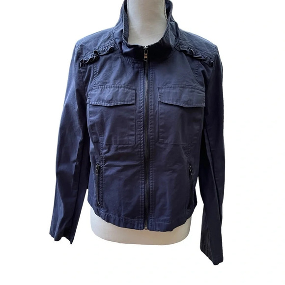 ModCloth Navy Blue Ruffle Peplum Cotton Zip Jacket Size Large - Picture 1 of 14